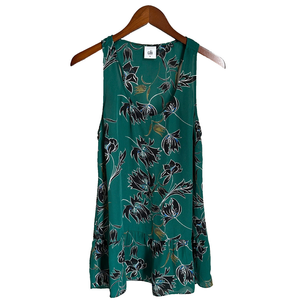 Cabi #3276 Falling Flowers Sleeveless Blouse Green Peplum Scoop Neck Women's M